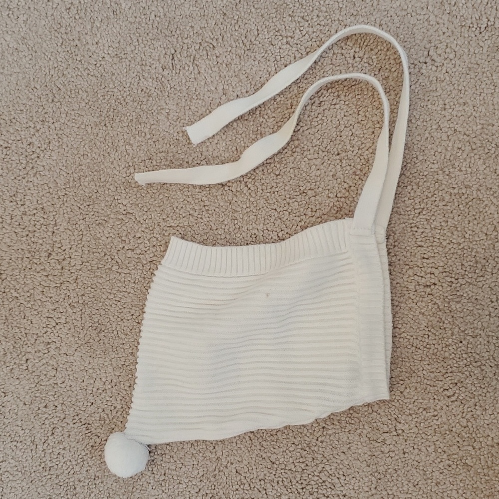 White Knit Baby Hat w/ Ties & Pom Pom on Top | 6M/9M